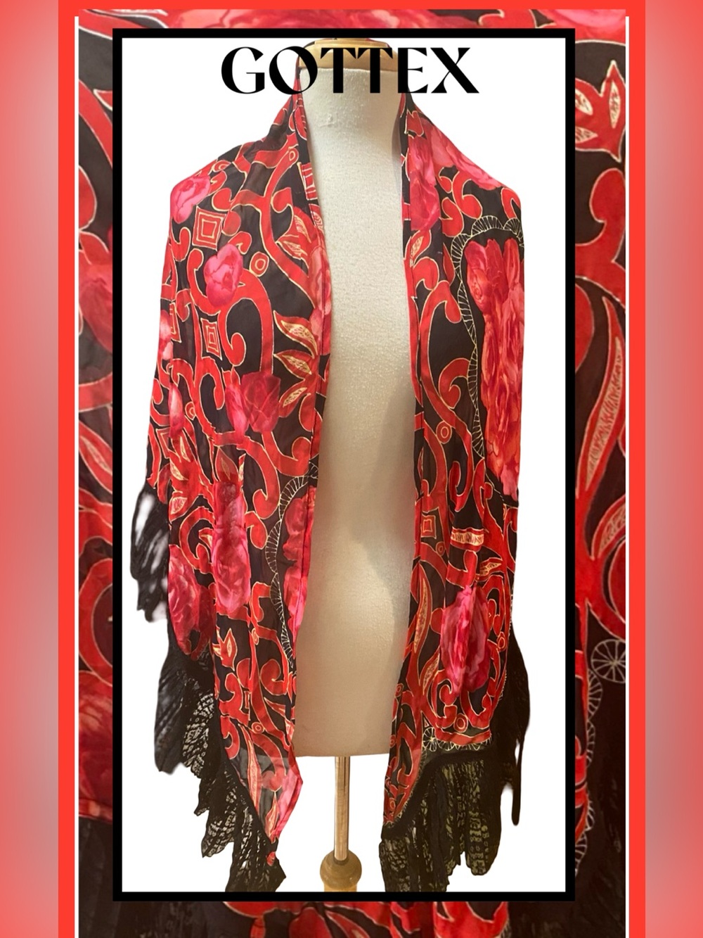 GOTTEX Shawl Wrap Red Roses Black Lace Rayon Georgette Silver Accents NEW